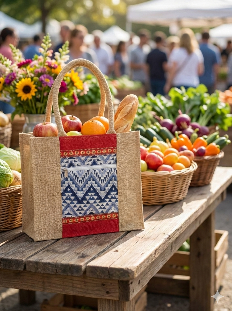 Handcrafted Jute Tote Bag – Ethnic Fabric Handbag